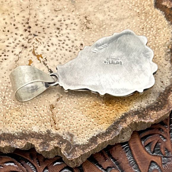 DANNY CLARK Navajo Sterling & Orange Spiny Oyster Shell Pendant Fancy Frame - Picture 2 of 3